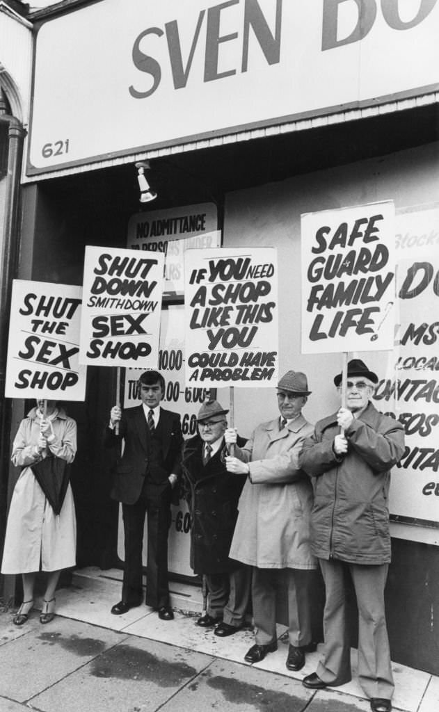 Men and women protesting outside a new sex shop in Liverpool, 'Sven Books' in Smithdown Road Wavertree.