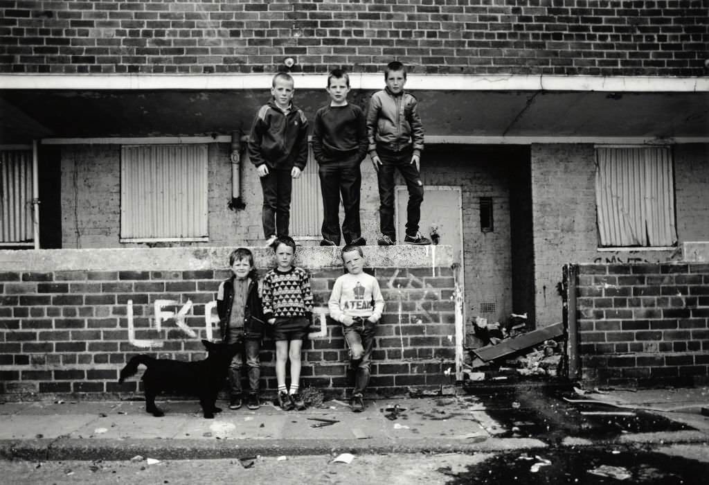 A group of young boys outside a derelict building in Liverpool 1982.