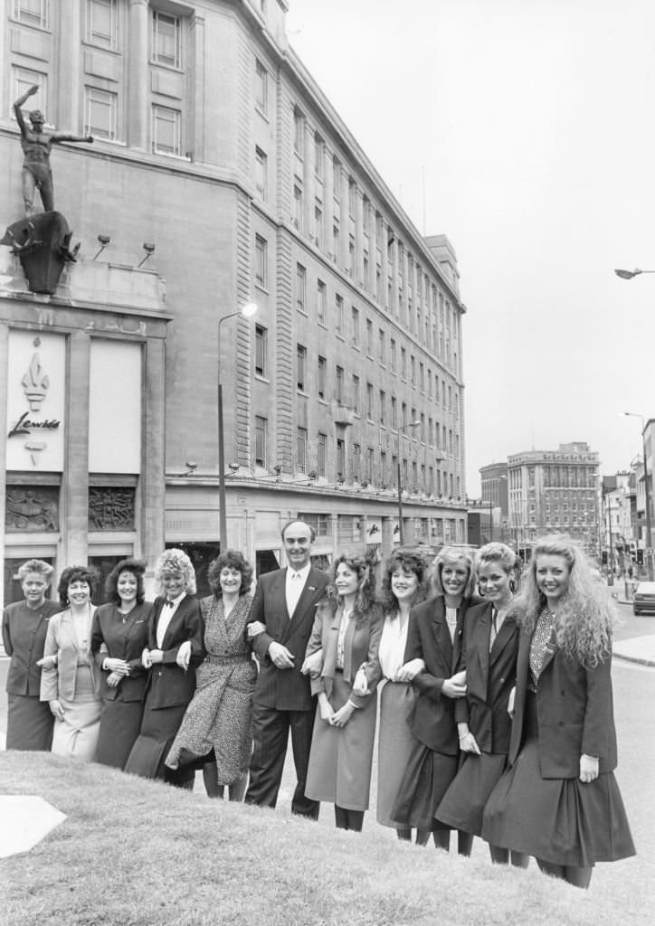 Lewis's store manager David Cameron with some of the sales assistants on the day that the Sears group sold off the Liverpool Department store, 1988