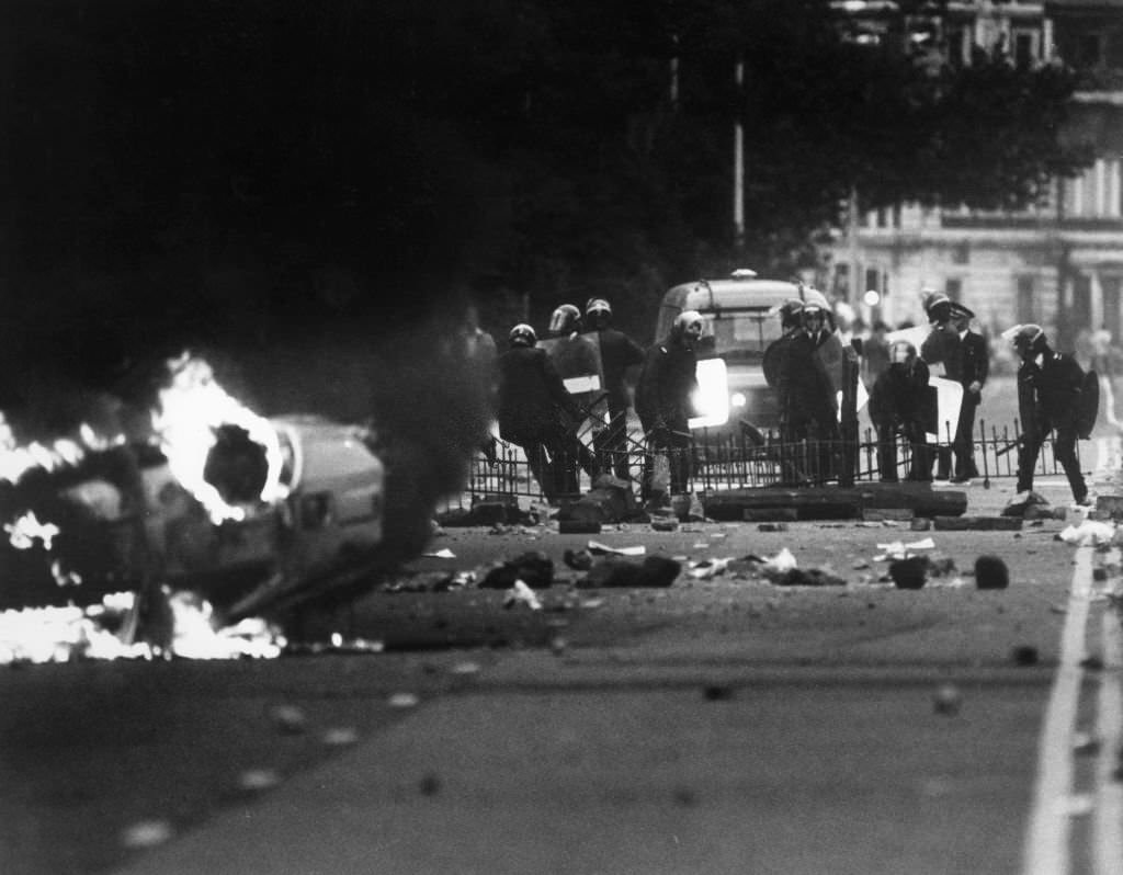 Toxteth Riot 1st October 1985 Police officers attempt to remove a road block set up by rioters on Princes Road Toxteth.