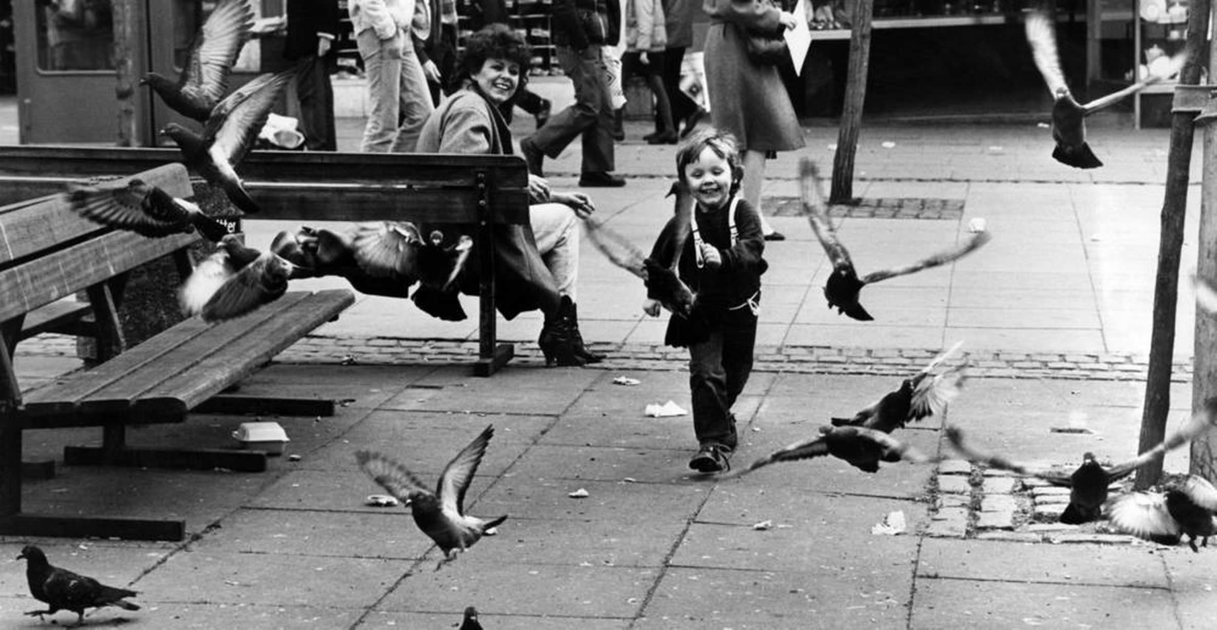 A young boy having fun chasing pigeons, Liverpool, 13th April 1984.
