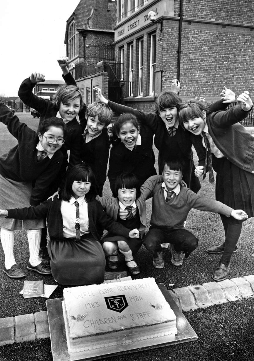 Party time for children from Tiber Street School, Toxteth, after they were given 10 out of 10 for achievement from Government inspectors, 14th April 1984