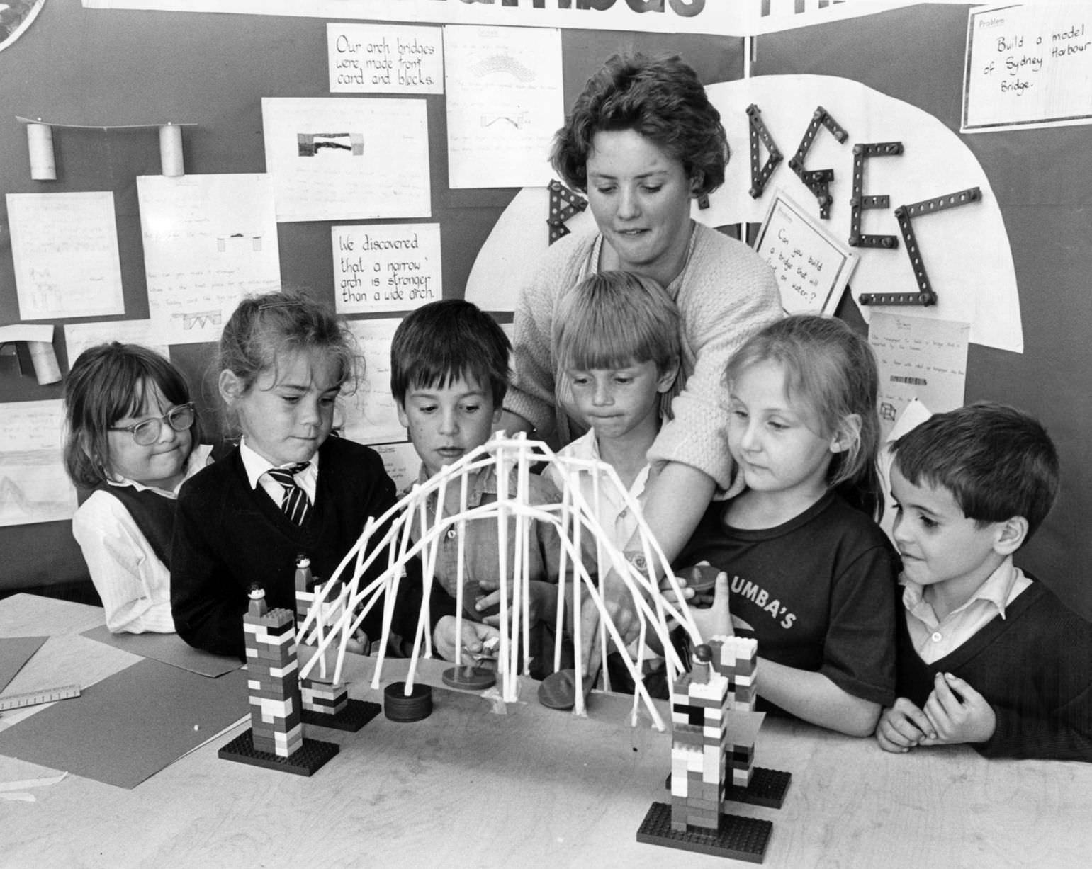 Bridge stresses, young engineering scientists from St Columba's Primary School with their teacher Mrs Naomi Flynn.