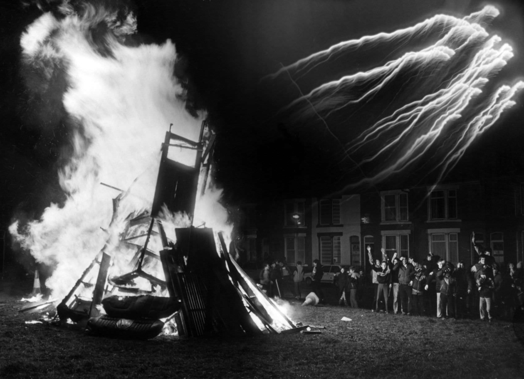 Youngsters enjoying Guy Fawkes Night, Hornby Boulevard, Bootle, Sefton in Merseyside, 5th November 1985