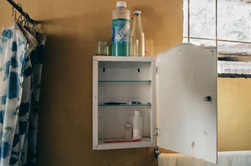 Medicine cabinet for 6 members of the Montano family – the US embargo halted all imports, Managua, Nicaragua, 1985
