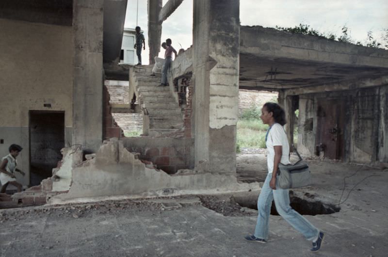 Milena Montano and I take a walk in central Managua 13 years after the earthquake of 1972, Managua, Nicaragua, 1985