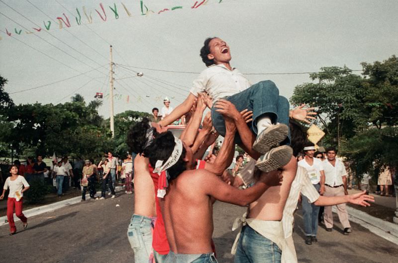 Milena Montano with friends at the 6th anniversary celebration, Managua, Nicaragua, 1985