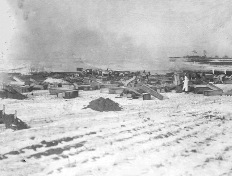 Coffins, preparatory to stacking for cremation, Changchun