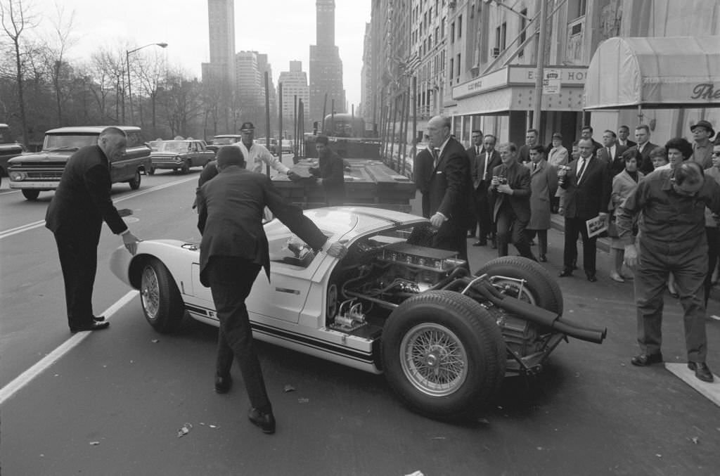 Lee Iacocca automobile executive, at an auto show, New York, US, 1964.