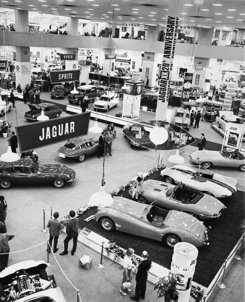 A general view of the British Motor Corporation Jaguar Cars stand during the New York International Auto Show at the New York, 1968