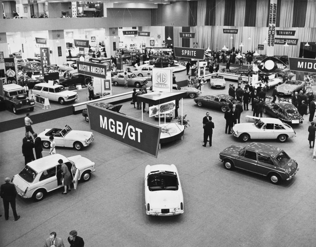 The British Motor Corporation stand during the New York International Auto Show at the New York Coliseum convention center on 2nd April 1968 in New York City