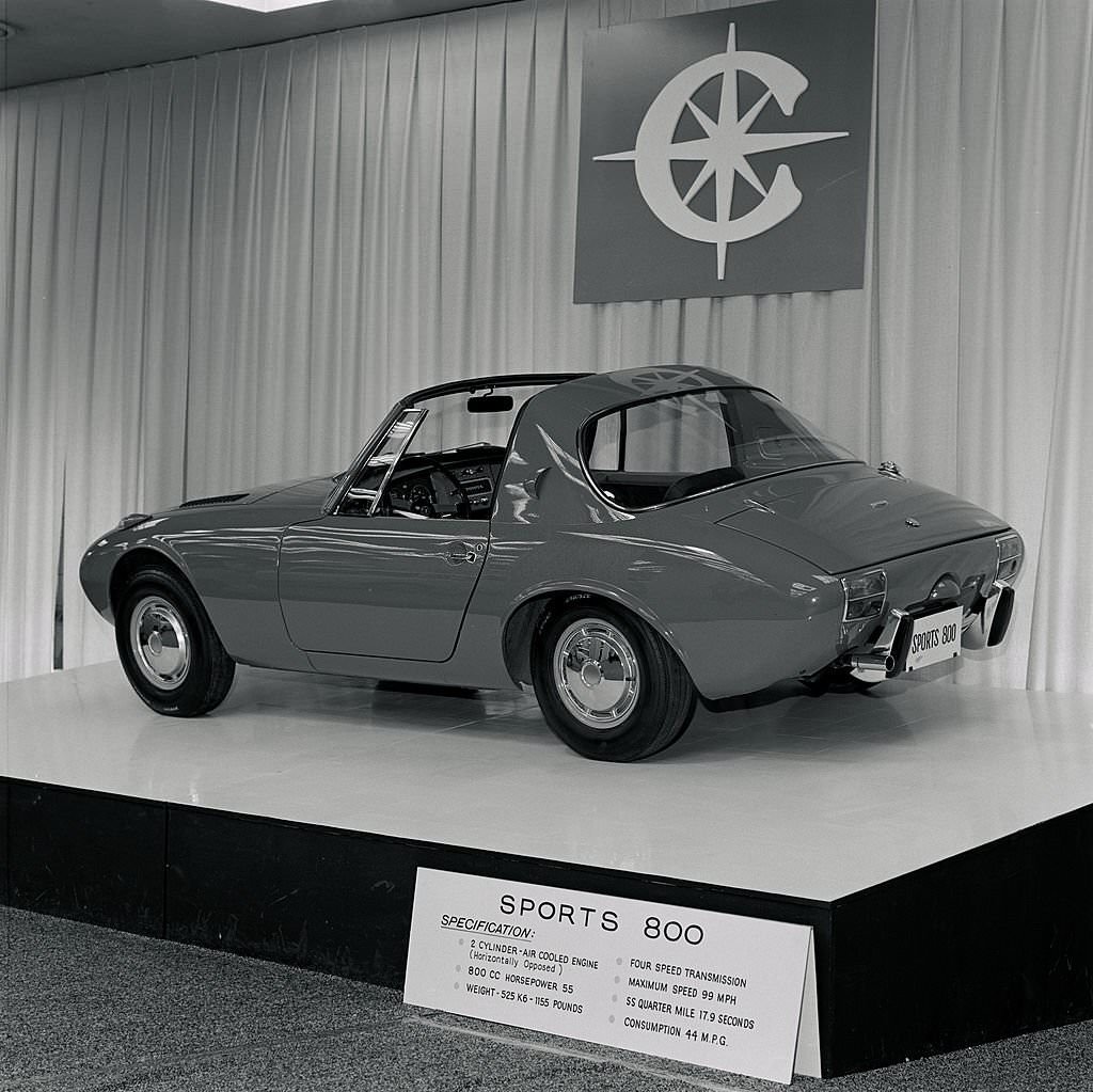 A Toyota Sports 800 on display at the New York Auto Show, 1967