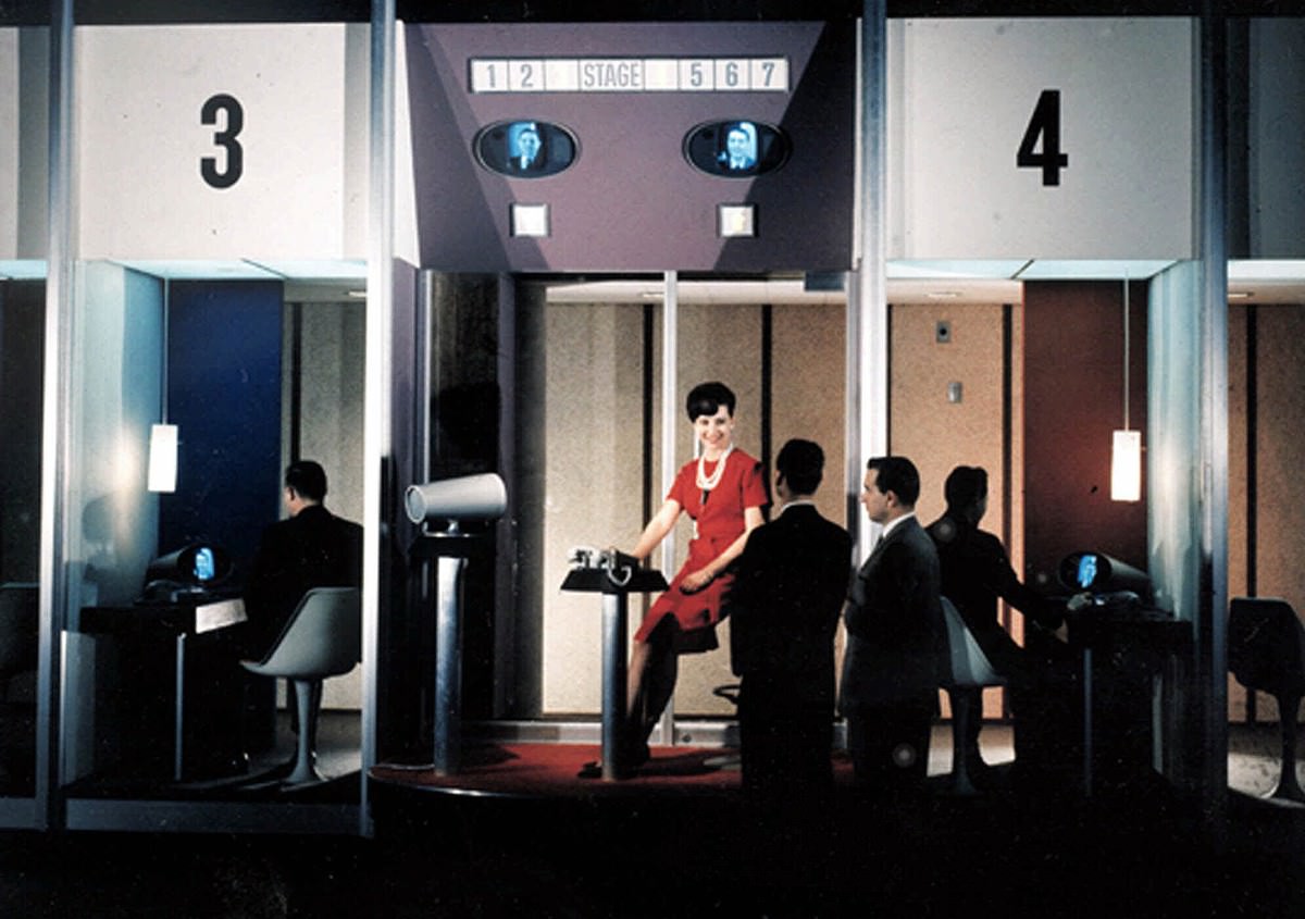 A Picturephone is demonstrated at the AT&T; Pavilion at the 1964 World's Fair.