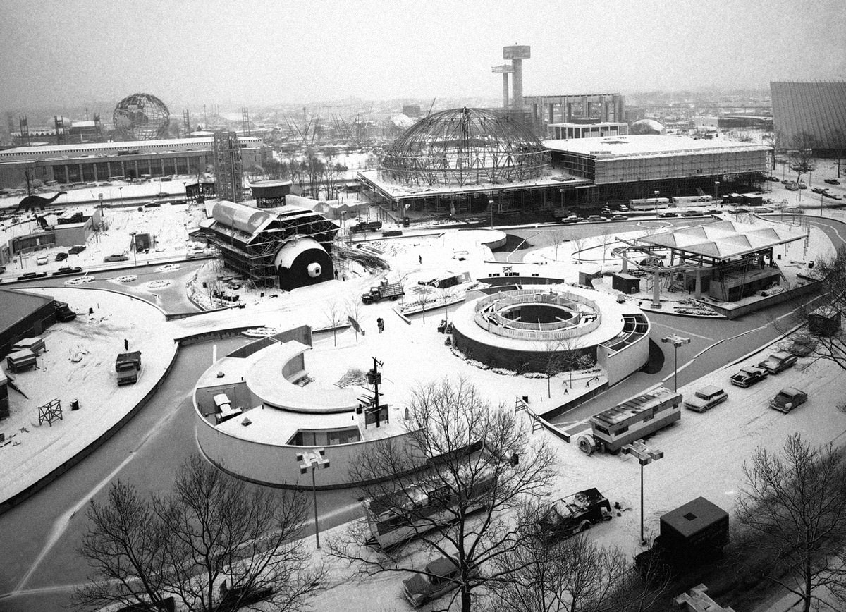A mantle of snow covers the construction site of the 1964 World's Fair in New York City on February 19, 1964.