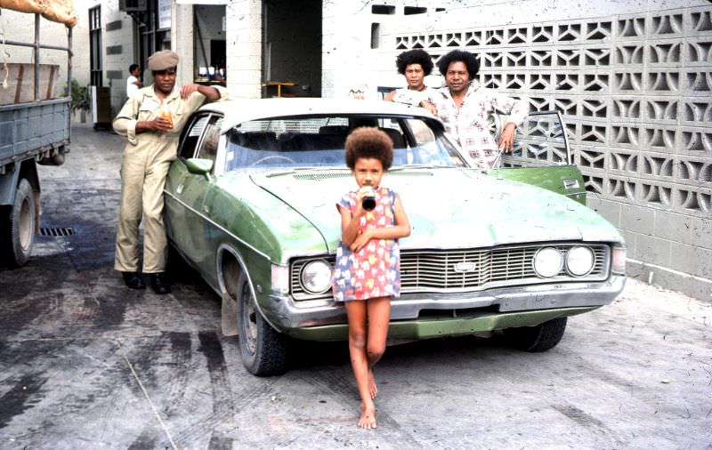 Ford Fairlane at Service Station at Boroko ready for the trip, 1975