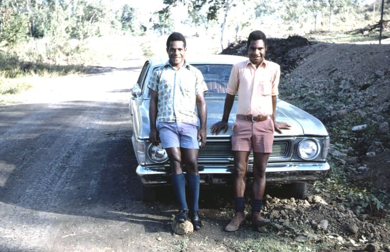 Aki and Kewa on the 1971 model Ford Futura, Port Moresby, 1974