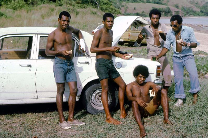 Willie, Webbi, Murphy, Joe on afternoon after work picnic at Taurama Beach, Port Moresby, 1977