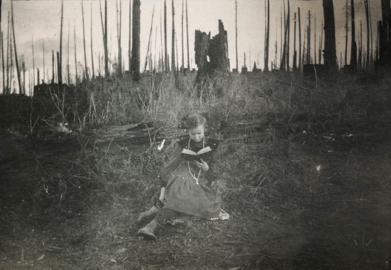 Little girl reading a book in a burned-out forest, circa 1920s