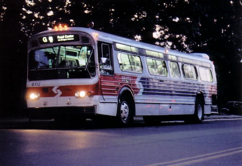 A SEPTA (Southeastern Pennsylvania Transportation Authority) Flexible bus, photographed in West Philadelphia, 1985