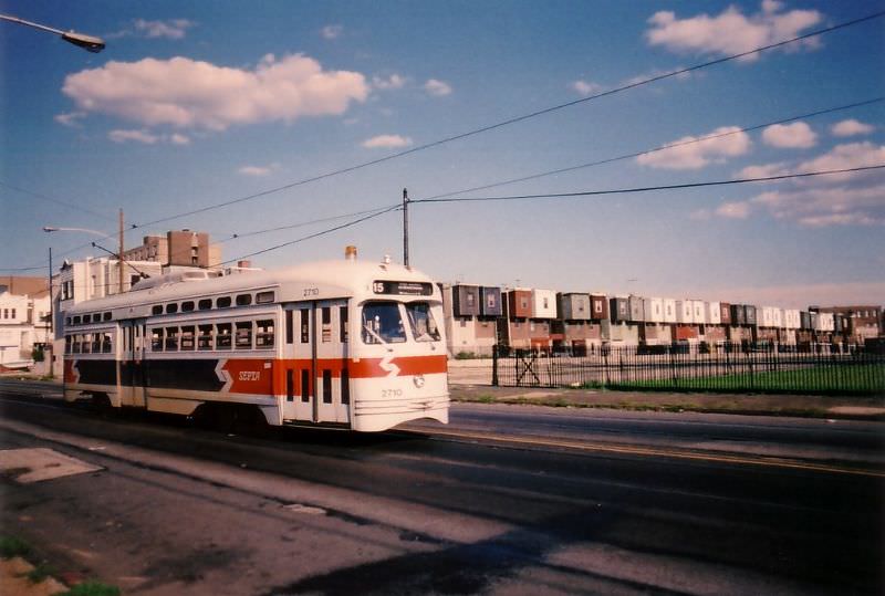 SEPTA PCC car 2710 (refurbished 1980) on Girard Ave. approaching Lancaster Ave., West Philadelphia, 1985