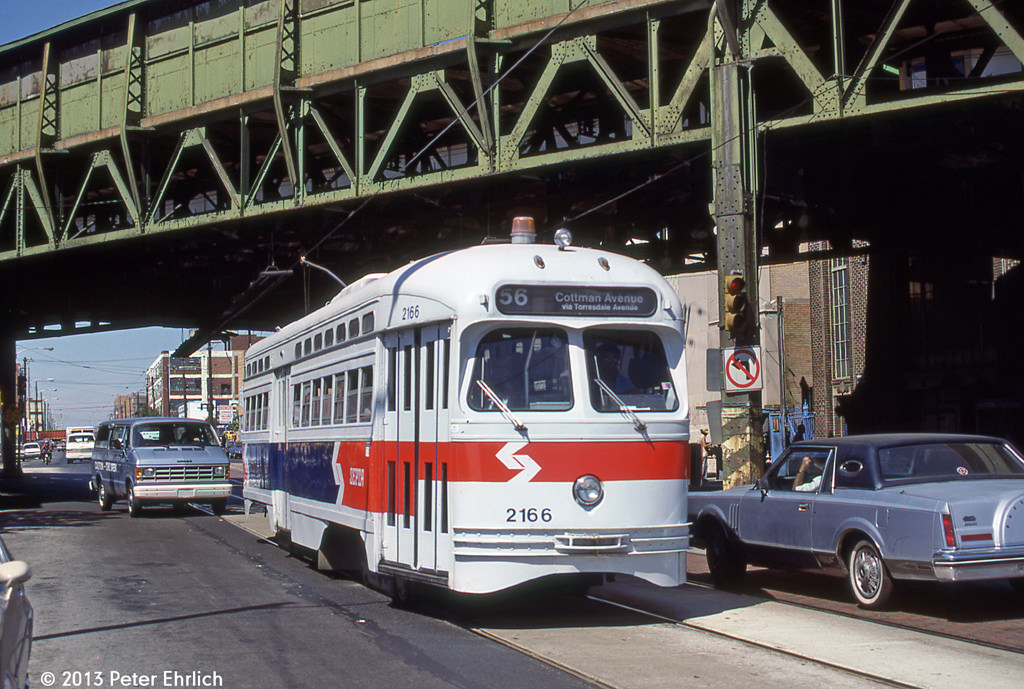 2166 at Torresdale/Kensington. Erie Avenue is on the other side of the El. 21 August 1987.