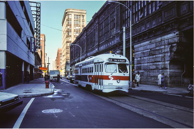 A SEPTA PCC car rolls past Reading Terminal Market at the corner of 12th and Filbert in downtown Philadelphia