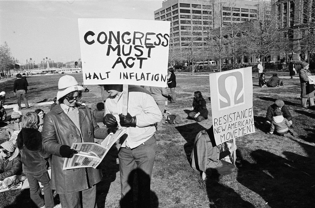 Demonstrators At An Anti-Inflation Rally in Independence National Historical Park, Philadelphia, October 1984.