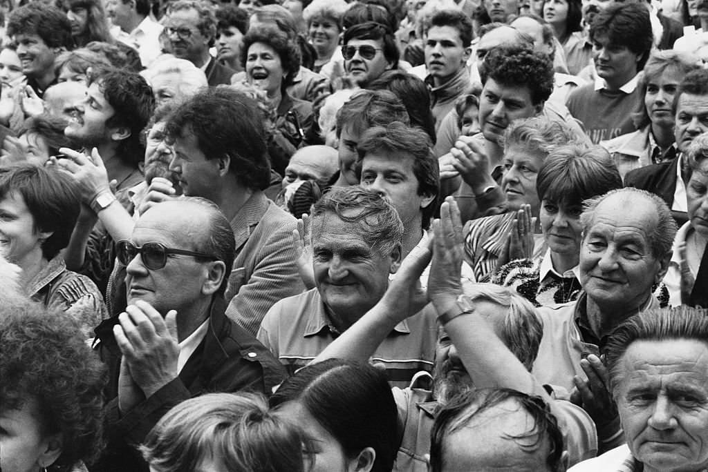 A political rally in Prague, Czechoslovakia, during the first election since the Velvet Revolution, 6th June 1990.