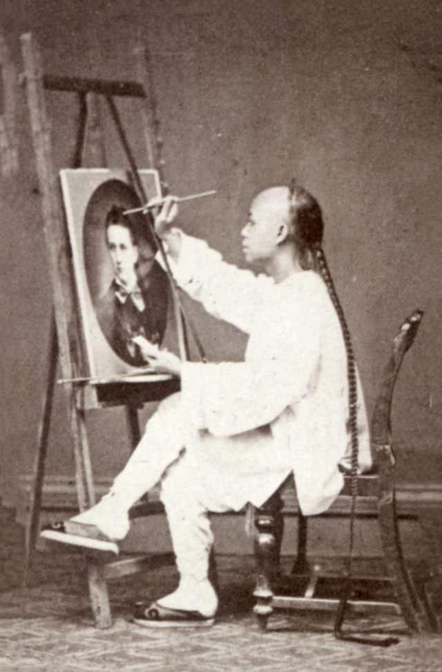 Chinese artist copying a photograph for the export trade, Hong Kong, ca. early 1860s