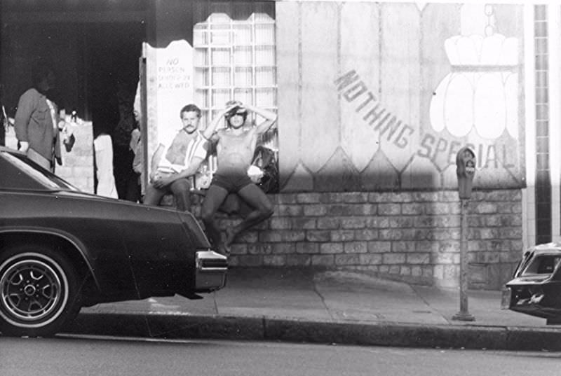 Castro clones cruising on a Sunday afternoon, San Francisco, September 1977