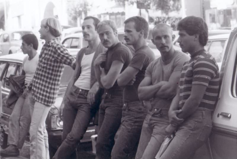 Castro clones cruising on a Sunday afternoon, San Francisco, September 1977