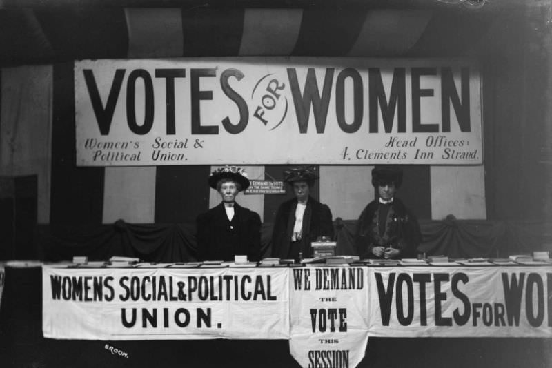 Women’s Social and Political Union Exhibition stand, probably at Claxton Hall during the Women’s Parliament, 1908