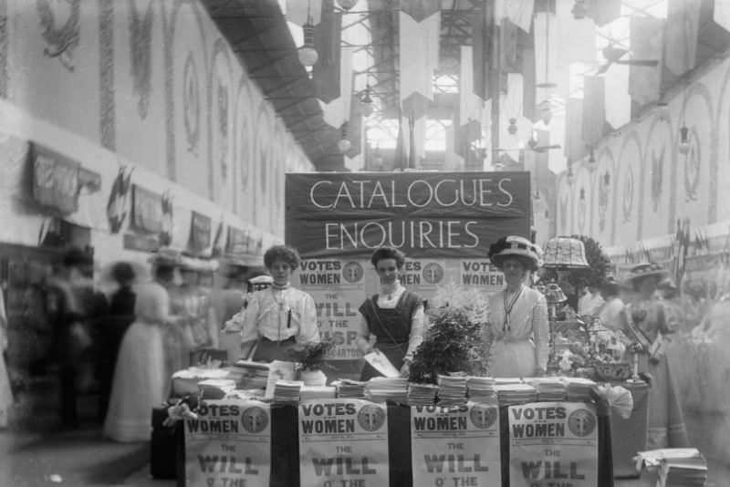 The Catalogue and Enquiries stall at the Women’s Exhibition, Prince’s Skating Rink, Knightsbridge, May 1909