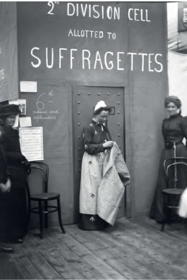 The reconstructed prison-cell exhibit at the Women’s Exhibition, Prince’s Skating Rink, Knightsbridge, May 1909