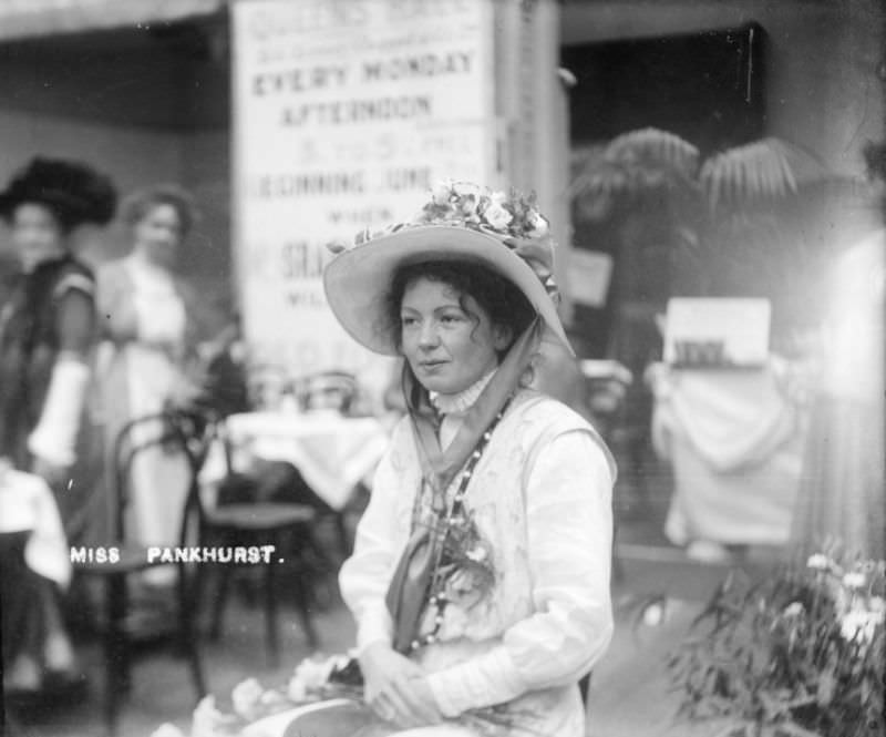 Christabel Pankhurst, co-founder of the Women’s Social and Political Union (WSPU), inside the Women’s Exhibition, held at the Princes’ Skating Rink, Knightsbridge, 1909