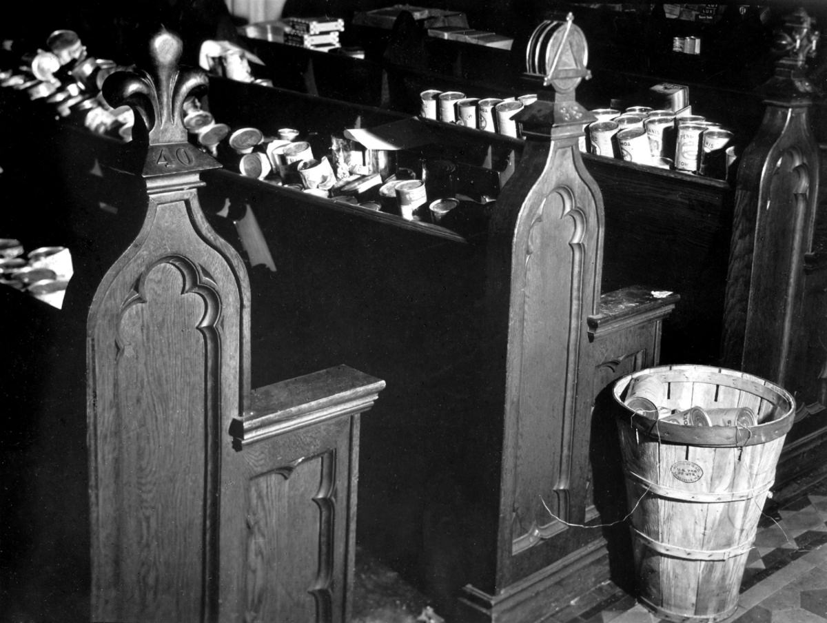 God provided this relief station in Louisville. It is St. Paul’s Episcopal Church, with cans of food stacked in the pews.