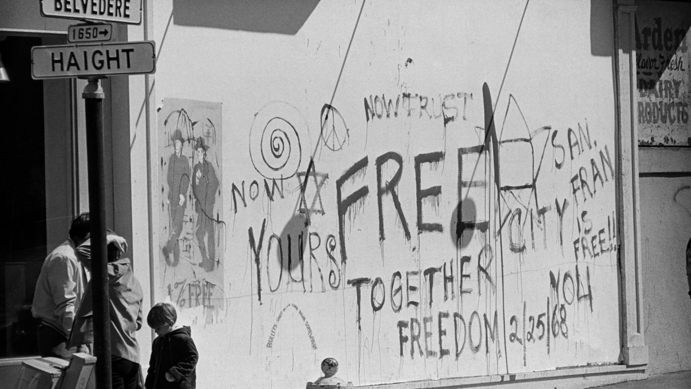 Graffiti at the intersection of Haight and Belvedere Streets in 1967.
