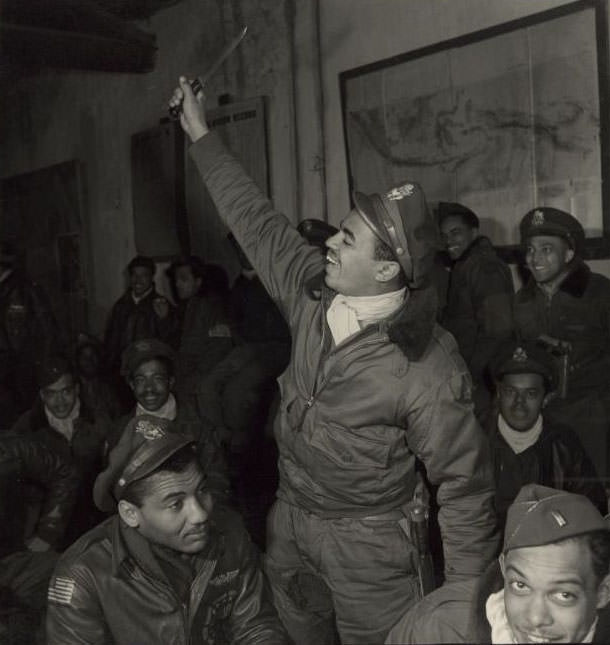 Members of the 332nd Fighter Group in a briefing room