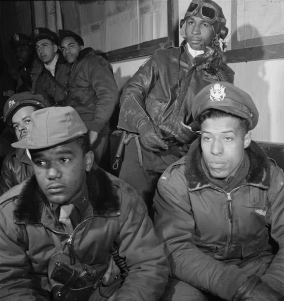 Tuskegee airmen attending a briefing