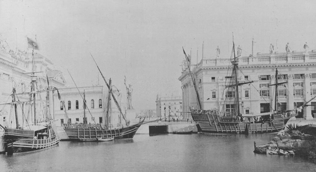 The Columbus Caravels, the 'Santa Maria,' the 'Nina' and the 'Pinta,' exhibited at the World's Columbian Exposition in Chicago, 1893.