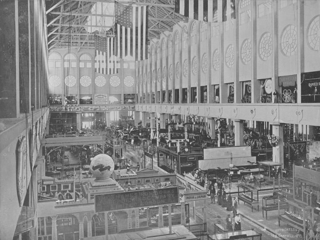 The interior of the Transportation Building, at the World's Columbian Exposition in Chicago, 1893.