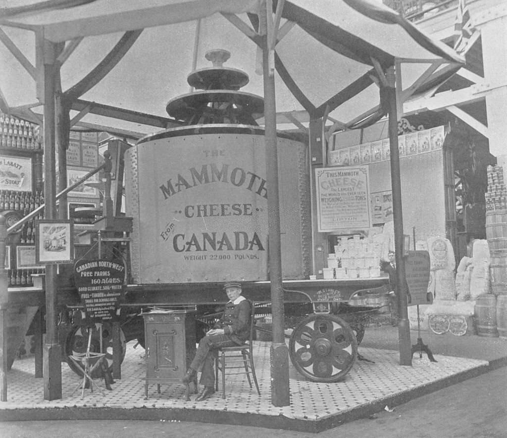 The Mammoth Cheese in Canada's exhibit in the Agricultural Department at the World's Columbian Exposition in Chicago, 1893.