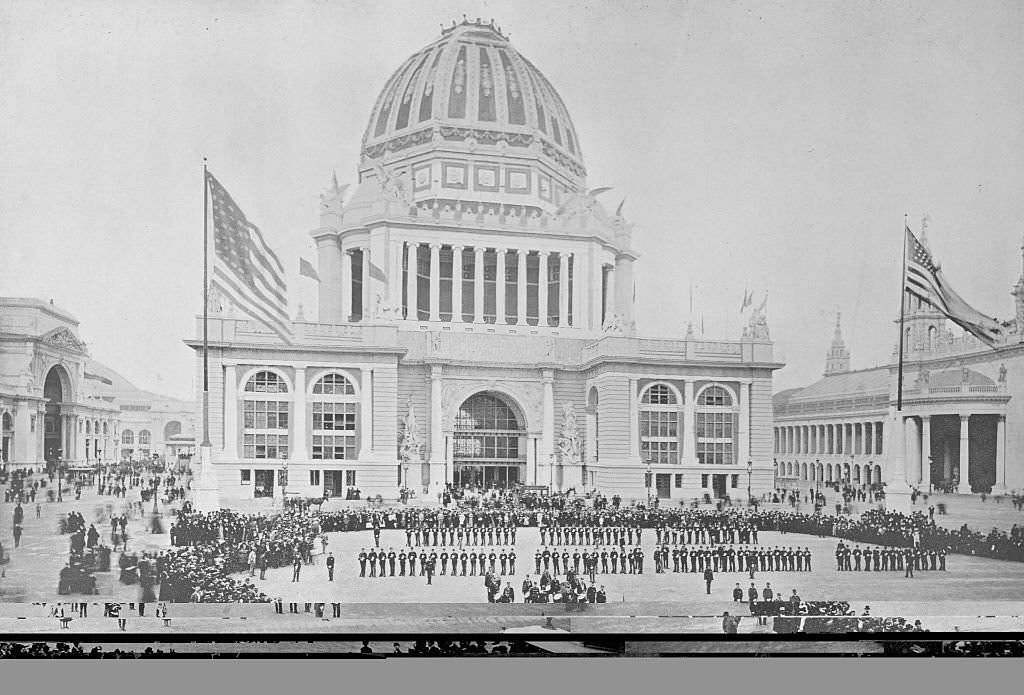 A drill of cadets on the plaza to the west of the Administration Building, where all military exercises were held, at the World's Columbian Exposition in Chicago, 1893.