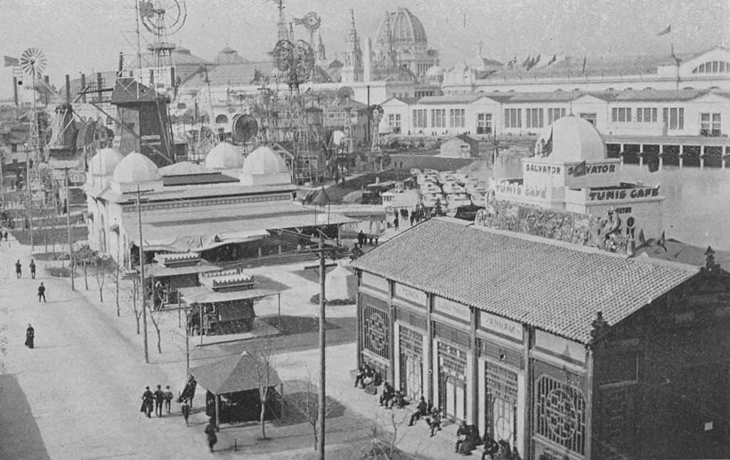 The Wind Mill exhibit and other features in the south end of the grounds at the World's Columbian Exposition in Chicago, 1893.