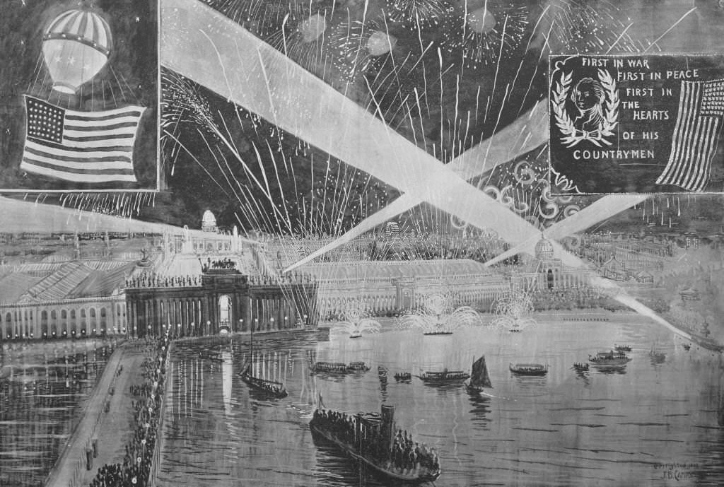 Artistic rendition of the Grand Illumination and accompanying display of fireworks at the World's Columbian Exposition.