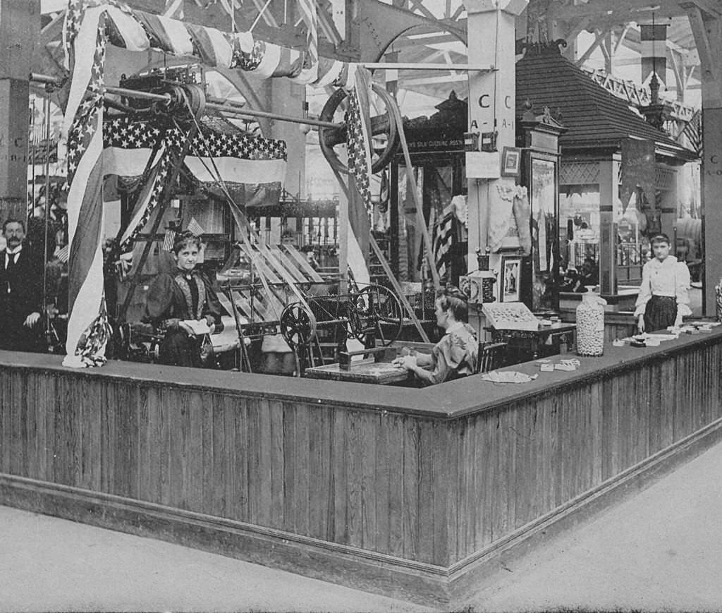 Woman's Silk Culture Exhibit, showing Four-Skein Reel at work during the World's Columbian Exposition in Chicago, Illinois, 1893.