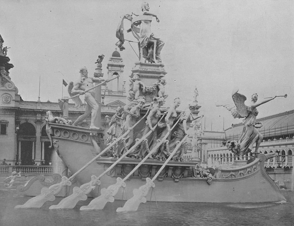 The south view of MacMonnies' Fountain, showing the various statuary in detail at the World's Columbian Exposition in Chicago, 1893.
