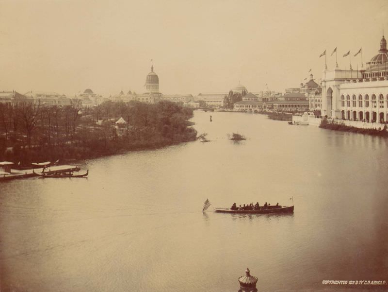 Lagoon with Illinois State Building in center back, Fisheries, Government, and Manufactures Buildings on right, World's Columbian Exposition, Chicago, 1893