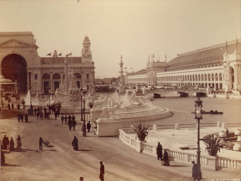 MacMonnies fountain. Electricity and Liberal Arts Buildings visible, World's Columbian Exposition, Chicago, 1893