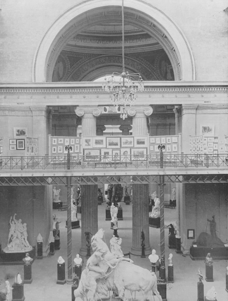 A section in the Gallery of Fine Arts viewed from the north court, at the World's Columbian Exposition in Chicago, 1893.